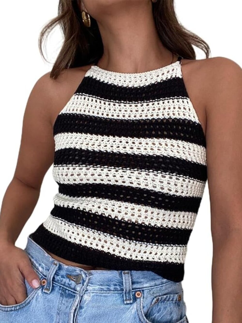 NWT Et Clet Striped Crochet Lace Up Open Back Tank Top